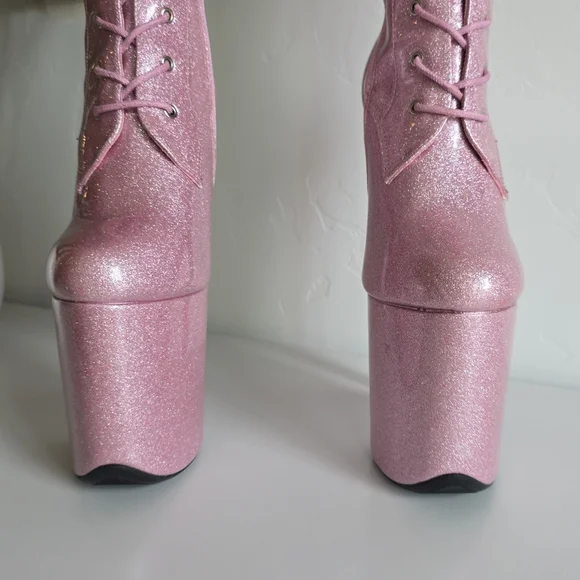 Hella Heels NWOB 8" Glitterati Sugarbaby Pink Thigh High Boots Front Lace Pole - Picture 4 of 13
